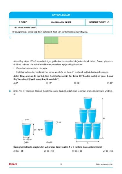 Puan Yayınları 8. Sınıf LGS 1. Dönem Çözümlü 3 Deneme
