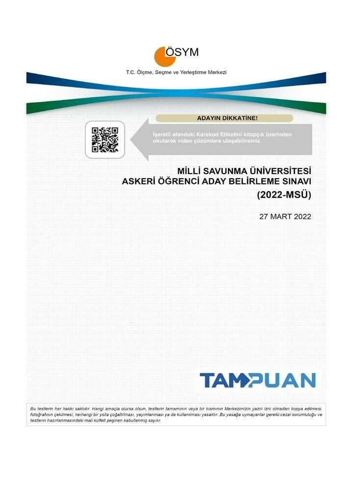 Puan Yayınları Tam Puan 2022 MSÜ Tıpkı Basım Çıkmış Sorular