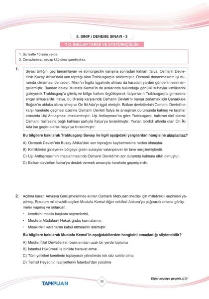 Puan Yayınları Tam Puan 8. Sınıf LGS 3 Deneme